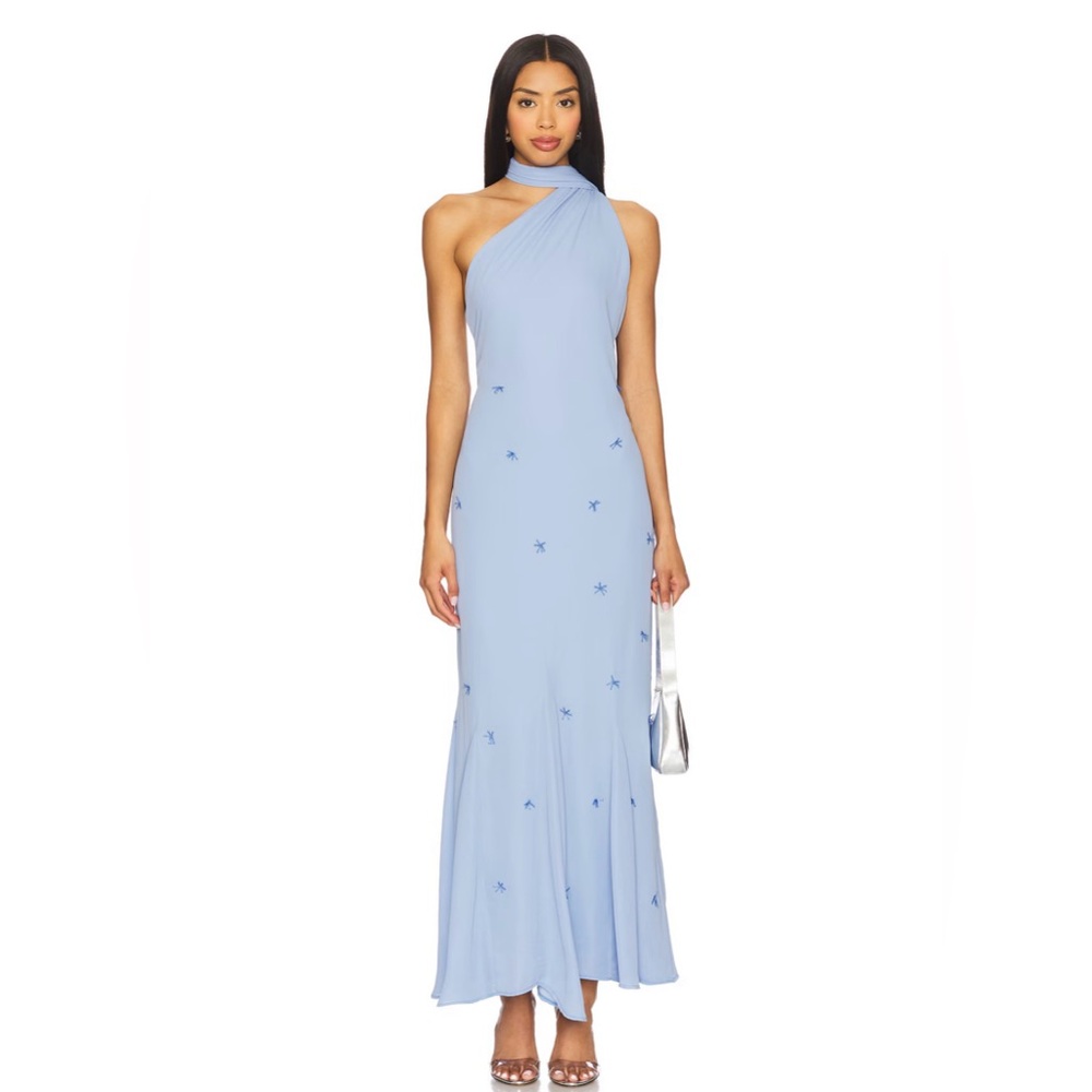 Baobab Collection One-Shoulder Baby Blue Embroidered Maxi Dress